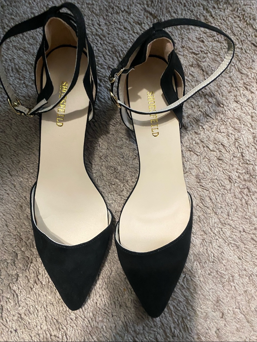 NEW- Shoesfield Women’s Black Pointed Ankle-Strap Flats Size 42(11-11.5)